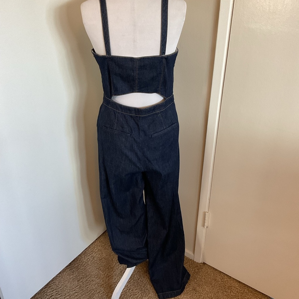 Banana Republic Denim Wide Leg Jumpsuit Size 8 Dark Blue Cotton Adjustable - Picture 4 of 8